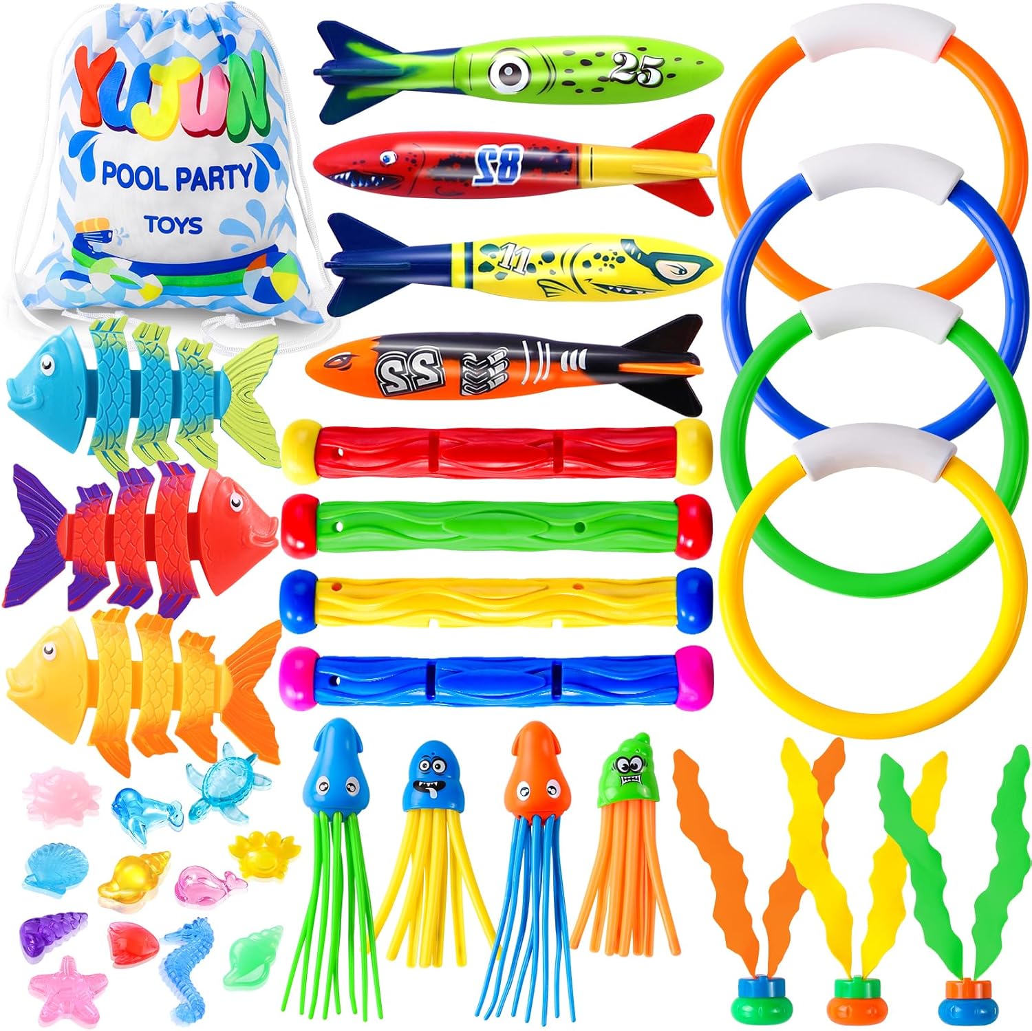 YUJUN Pool Diving Swimming Toys, Summer Underwater Game Toys with Pool Fishes Dive Sticks Rings Gems Storage Bag for Kids Swim Birthday Party Favors Quick Pick Grocers